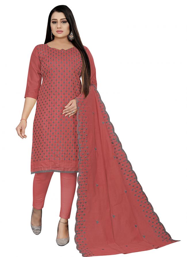 Chanderi Cotton Pink Casual Wear Embroidery Work Churidar Suit